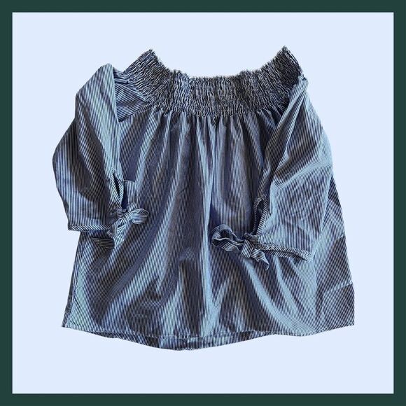 BeBop Off-Shoulder Stripe Blouse with Ruched Detail & Half Sleeves with Tie, M - Picture 3 of 4